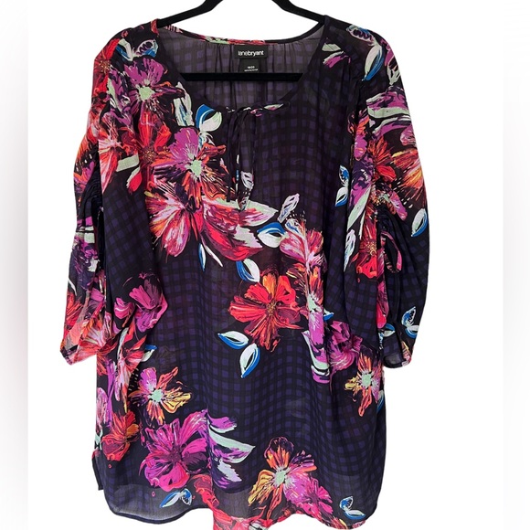 Lane Bryant Size 18-20W Sheer Colorful Floral Wrap Blouse Shirt Black V Neck Tie - Picture 1 of 5